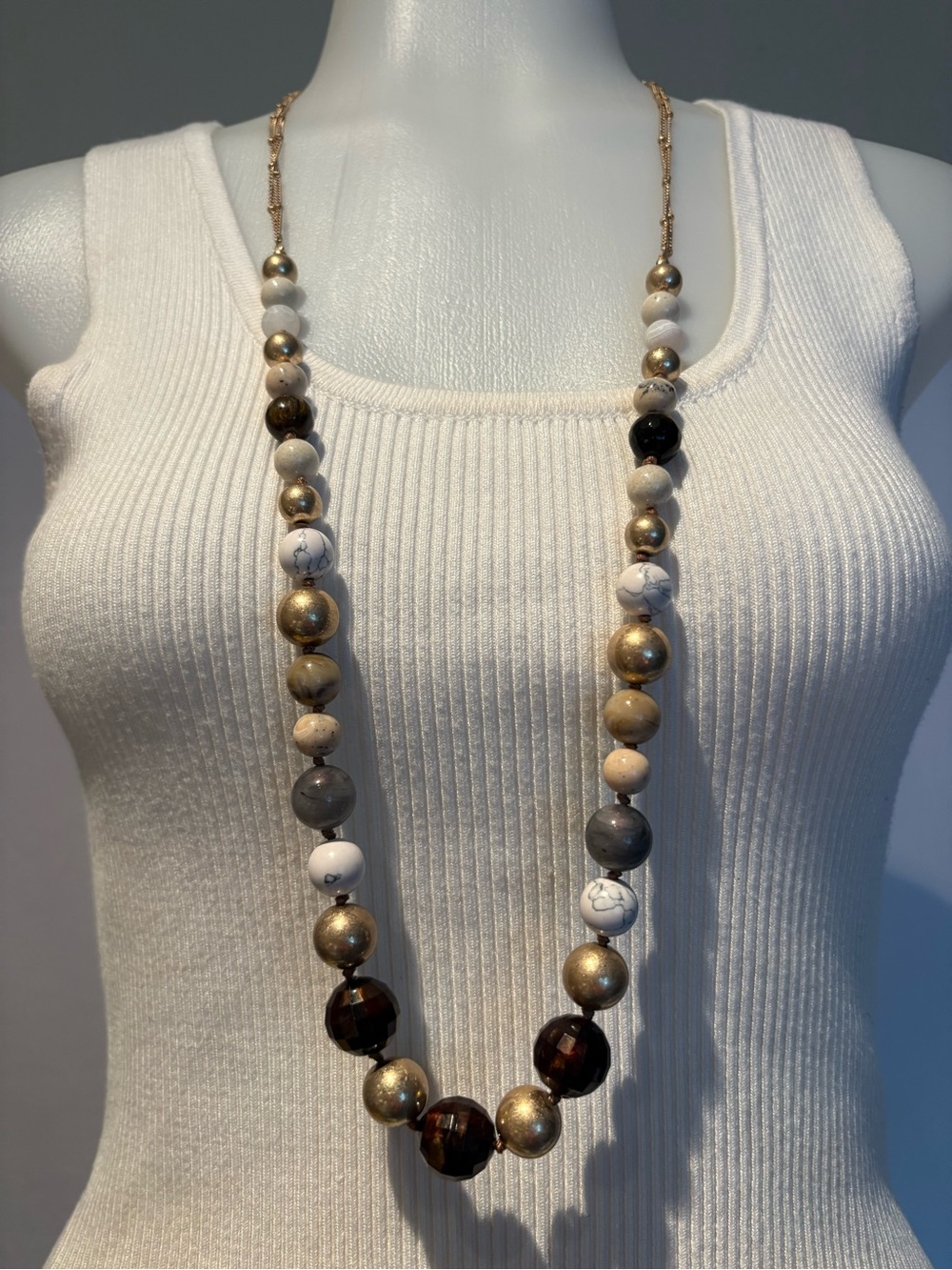 Plunder Gold, White, Black & Brown Beaded Long 36” Necklace (v)